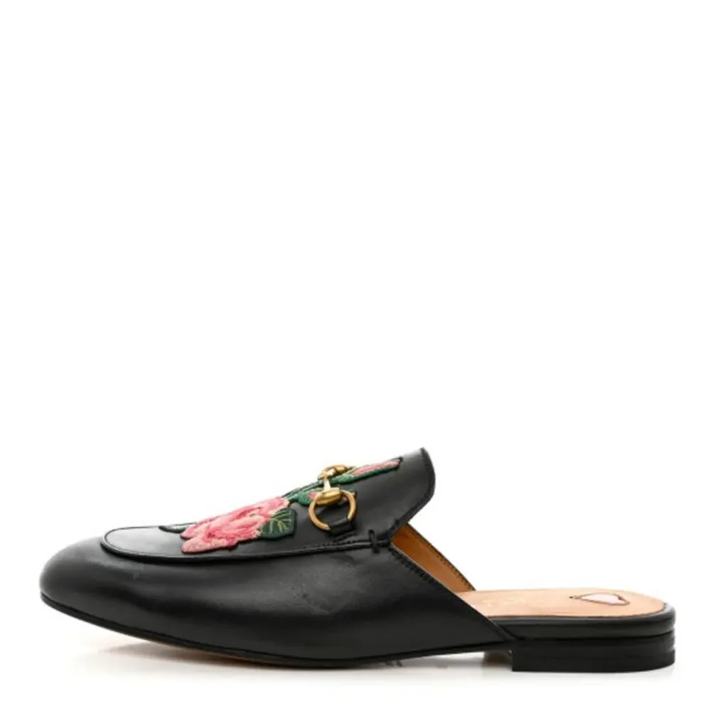 GUCCI Princetown Leather Mules Enbroidered Floral Horsebit Flats Sz. 36 NEW - Picture 6 of 12